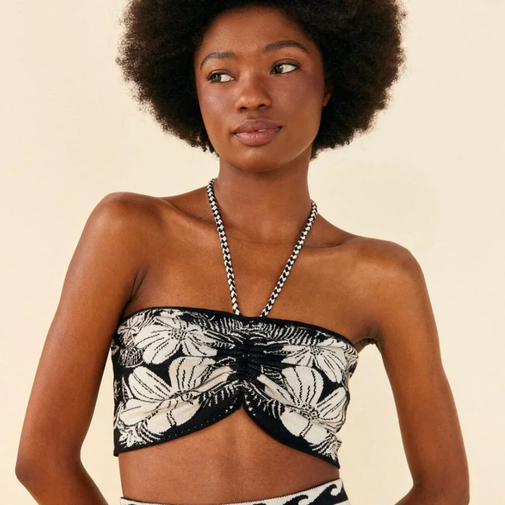 FARM Rio Black and Cream Floral Knit Cropped Strapless Top - Picture 1 of 5